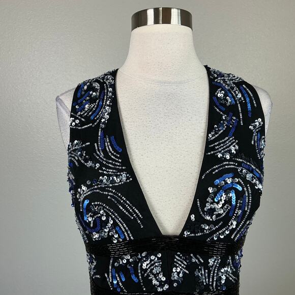 Aidan Mattox Beaded Deep V-Neck Midi Sheath Sparkly Cocktail Dress Black Size 8 - Picture 7 of 13